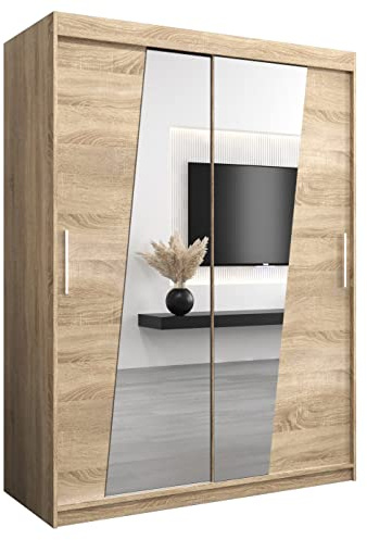 MEBLE KRYSPOL Rhomb150 Schlafzimmerschrank mit Zwei Schiebetüren, Spiegel, Kleiderstange und Regalen – 150x200x62cm - Sonoma