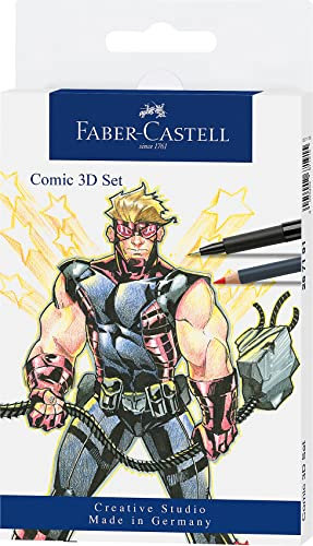 FABER-CASTELL 267191 - Tuschestift Pitt Artist Pen Comic Illustration 3D Set, 5 Tuschestifte, 3 Aquarellfarbstifte und Zubehör, 11 teilig
