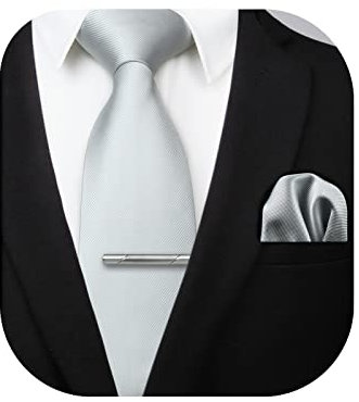 HISDERN Herren Solide Hellgrau Krawattenklammer Taschentuch Hochzeit Klassische Krawatte & Einstecktuch Set