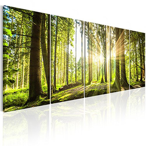 murando - Tableau décoratif paysage 150x60 cm - Impression sur toile colorée - Décoration murale pour salon et chambre - Jaune blanc vert - Lueur arbre forêt nature soleil vert c-C-0177-b-n