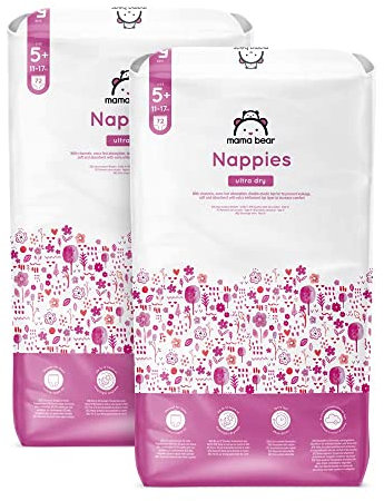 Amazon-Marke: Mama Bear Ultra Dry Windeln Größe 5+ (11-17 kg) - MONATSBOX, Weiß, 144 Stück (2 Packungen mit 72)