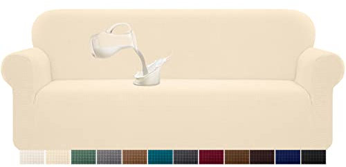 Granbest Stretch Wasserdicht Sofabezug 1 Stück Sofahusse Spandex Jacquard Elastische Couchbezug mit Anti-Rutsch-Schaumstoffe (4 Sitzer, Beige)