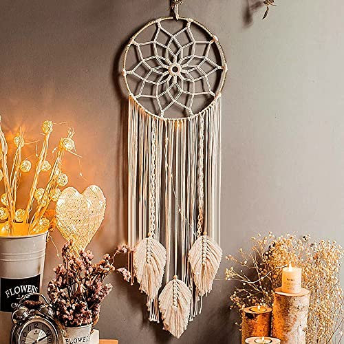 LOMOHOO Makramee Traumfänger Wandbehang Gewebte Feder Wandbehang Handgemachter Traumfänger Boho Quasten Dekoration Wohnkultur Ornament Bastelgeschenk für Schlafzimmer Wohnzimmer(kein Licht)