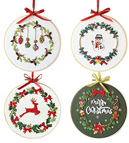 4 Sets Embroidery Starter Kit with Christmas Pattern, Cross Stitch Set for Beginners, DIY Decor Living Room.