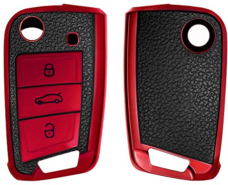 kwmobile Cover Coprichiave Compatibile con VW Golf 7 MK7 con 3 Tasti - Foderina Chiave Auto Effetto Pelle - Bumper Antiurto e Protezione Tasti Rosso/Nero
