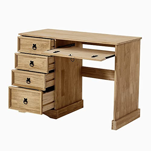 Solid Pine Wood Dressing Table Mexican Style Writing Desk with Keyboard Drawer and 4 Large Drawer for Bedroom Study Room