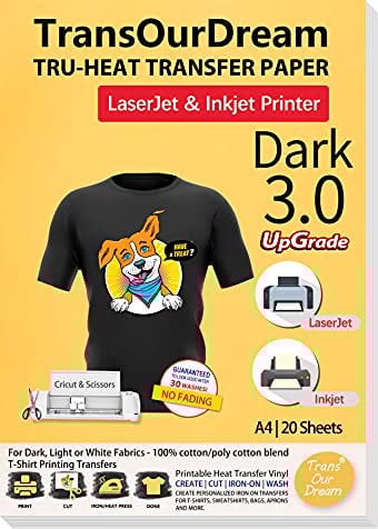 TransOurDream Tru-Tshirt Transfer Paper Upgraded 3.0 20 Sheets A4 for Inkjet&Laser Printer Iron on Transfers for Dark Fabric Heat Transfer Paper Black T-Shirts Textiles Printable Vinyl(Trans-03-20)