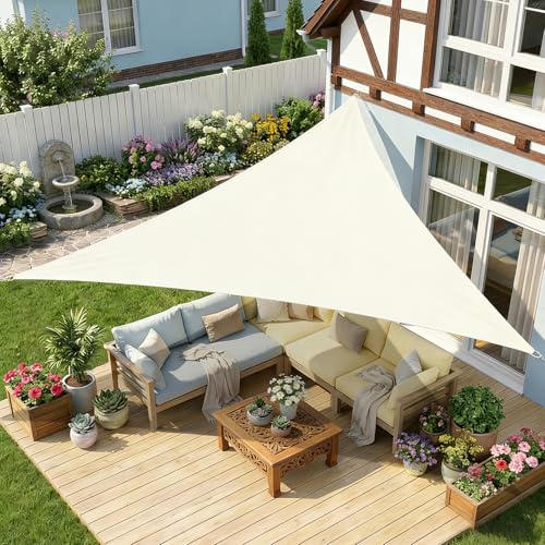 wiipara 3x3x3m Sonnensegel Dreieck, Wasserdicht Sonnenschutz Segeltuch Sunsegel, 95% UV Schutz, Regenschutz, Premium Polyester Sonnensegel für Balkon Terrasse Garten, inkl. Befestigungsseile (Creme)
