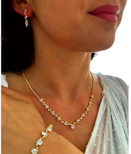 ONDEGO® Schmuckset Gold 3-teilig mit Halskette, Ohrringen & Armband – Eleganter Strass Brautschmuck für Hochzeit, Ball, Kommunion & festliche Anlässe