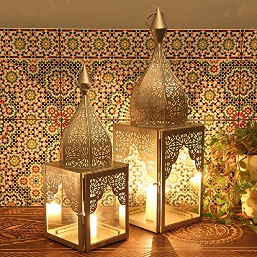 Orientalisches Windlicht Modena Silber L&M 2er Set aus Glas & Metall in Minaretten Form | Marokkanische Glaslaterne Kerzenhalter aus 1001 Nacht, schöne Laterne Wohn-Deko IRL665
