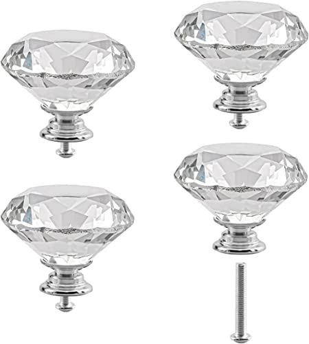 Crystal Cabinet Knobs 2Pack Clear Glass Diamond Shape Drawer Knobs 50mm Diamond Dresser Pulls Door Knobs Cabinet Pulls Cupboard Wardrobe Handles for Kitchen Office Cupboard Drawers (Silver, 4 PCS)