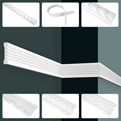 HEXIM Moulure murale GRAND DECOR, en PU mousse rigide et flexible - 2m de moulure moderne lisse pour décoration, baguettes de cadre, baguettes de plafond (10 mètres CR835 blanc)