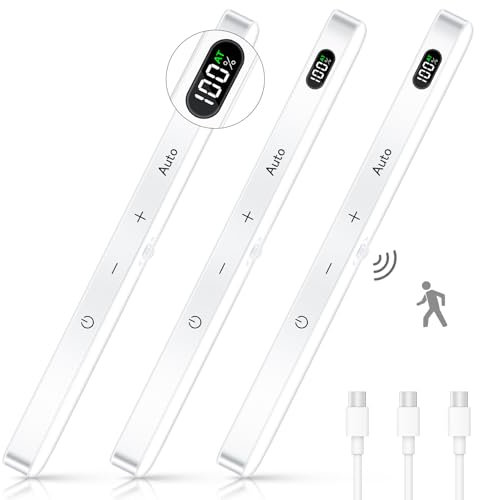 ABCidy Schrankbeleuchtung 60LED Bewegungsmelder, 3 Stück Unterbauleuchte Küche Wiederaufladbar, Anzeige des Batteriestands, 6000K Schrankleuchte für Kleiderschrank,Treppe, Schrank, Schlafzimmer