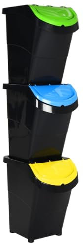vidaXL Cubos de Basura apilables con Tapa 3 uds PP Negro 120 L, Cubo de Reciclaje, contenedor de Basura, Cubo de Reciclaje, Cubo de Basura