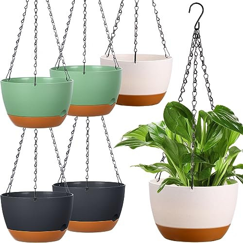 6 Stück 20,3 cm hängende Pflanzgefäße für Innen- und Außenpflanzen, Kunststoff, hängende Blumentöpfe mit Drainageloch und abnehmbarem Untersetzer, Hängepflanzenhalter, Pflanzenampel für Garten,