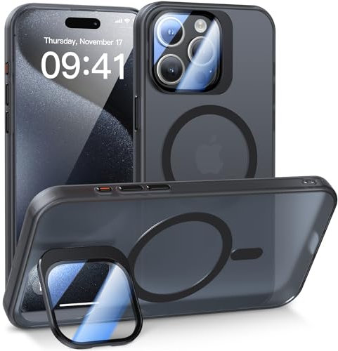 Meifigno Schutzhülle kompatibel mit iPhone 15 Pro Max Hülle mit Ständer, [Kompatibel mit Magsafe & Kamera Halter Schutz] Handyhülle für iPhone 15 Pro Max 6,7, Matte Rückseite Case, Schwarz