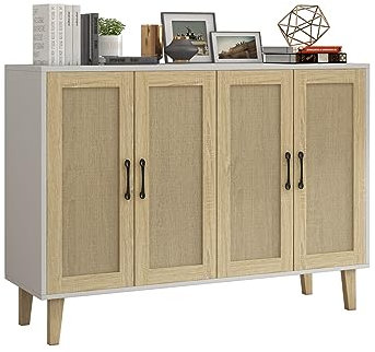 Panana Sideboard mit Rattangeflecht 4 Türen Sideboard TV-Schrank Schubladenkommode Holz Mehrzweckschrank für Flur Schlafzimmer Wohnzimmer Esszimmer (Weiß)