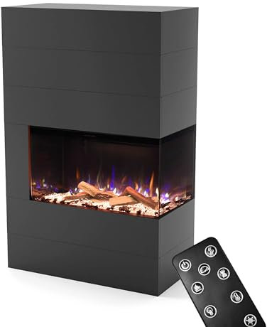 GLOW FIRE Kaminofen Portia rechtsoffen mit realistischem 3D E-Motion LED-Feuer - Stand-Elektrokamin mit Heizung und Kaminfeuer, Knistereffekt & Timer, max. 1500 W, 140x90x45, Grau