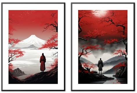 MJ-Graphics | Poster Set Japan Berge Landschaft & Schlafzimmer | 2x Din A4 Qualitätsdruck | Meditation Zen | Tief-Rot Wanddeko ohne Bilderrahmen