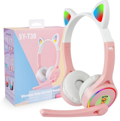 AXFEE Bluetooth Kids Headphones, Mini LED Light Up Cat Ear Wired/Wireless Mini Headphone, Detachable Boom Mic Headphones, Foldable Bluetooth-compatible 5.0 Stereo headsets for Children Under 12 Years