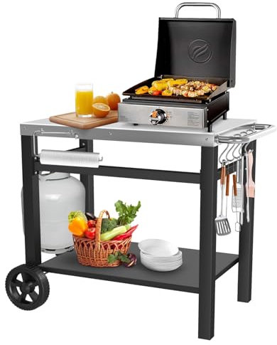 GRILL FORCE Carrello da tavolo per barbecue all'aperto, carrello da pranzo mobile, supporto da tavolo per forno per pizza, supporto per griglia a doppio piano, carrello da tavolo per preparazione e