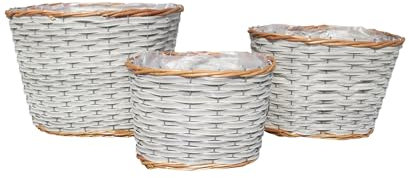 Capra Group Tris vasi cestini in vimini a forma ovale porta fiori e piante Large:34X26X20, con pellicola interna, fioriera vaso da balcone e interni, colore grigio