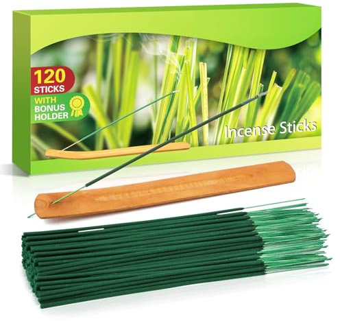 Scent-Hi Citronella Räucherstäbchen, Natürliches Citronella Ätherischem Öl Set 120 Stäbchen für Innen und Draußen, Garten, Balkone, Terrassen, mit Räucherstäbchen Halter