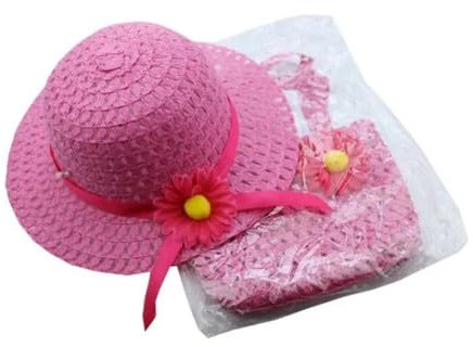 Gabiti - Juego de Sombreros y Bolso Rosa de Paja para niñas, Fiesta de té, Fiesta de Pascua, Flores, Verano, Playa
