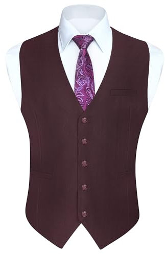 HISDERN Gilet Uomo Elegante Bordeaux Formale Panciotto Uomo in Cotone Tinta Unita Classico Gilets Senza Maniche da Matrimonio con Tasche 4XL