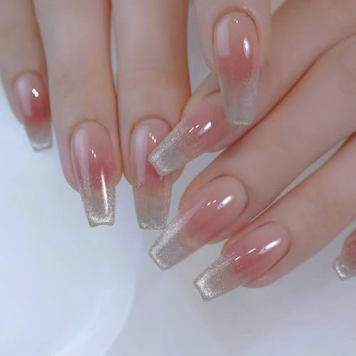 24Pcs Long Coffin False Nails - Nude Pink Fake Nails with Glue - Gradient Glossy Stick on Nails for Women - French Tip False Nails - Cateye Acrylic Full Cover Nails - Women Girls Nail Art Accessories