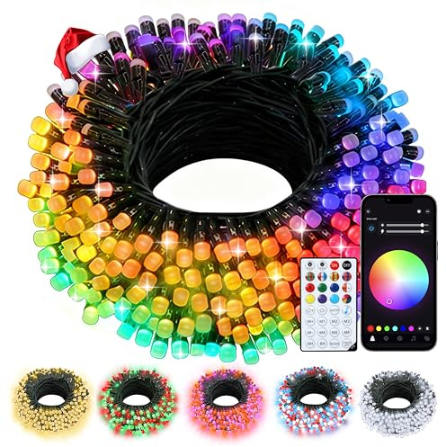 echosari Guirnalda de luces inteligentes de 100 LED RGB de 33 pies con chip integrado con control remoto y aplicación, 16 millones de luces de árbol de Navidad que cambian de color, sincronización de