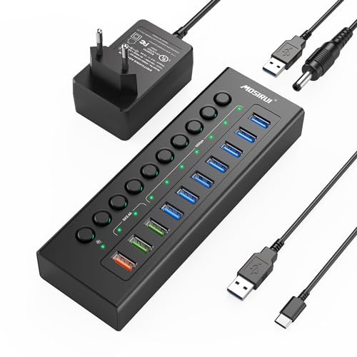 USB Hub Aktiv 3.2 mit 36W(12V/3A) Netzteil, 10 Ports USB 3.2 Hub with 7×10Gbps USB 3.2 Data Ports, 3 Fast Charging Ports, and 2×USB Cable, Aluminium USB Hub Aktiv for Laptop, PC