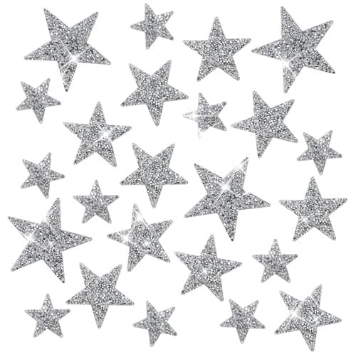suaywo 24 Stück Silber Aufbügler Strass Bügelbilder Glitzer Patches Aufnäher Applikation Zum Aufbügeln Geeignet für Kleidung, Jeans, Rucksäcke, Hüte, Taschen, Schuhe, DIY, 8/6/4 cm