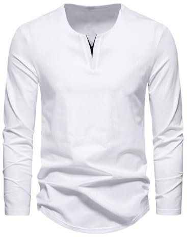 Meilicloth Mens Long SleeveT Shirts Henley T Shirt Casual Solid Pullover V Neck Top for Men White L