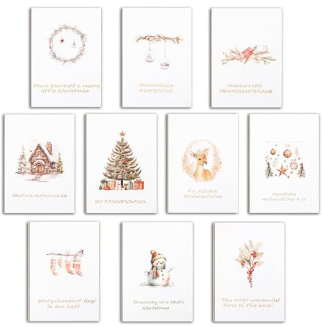 Mocraft Weihnachtskarten mit Umschlag Set, 10 Stück Weihnachtskarte A6 Postkarten Blanko mit Weihnachtlichen Motiven, Weihnachtskarten für Jeden Deiner Liebsten - Weihnachtspostkarte