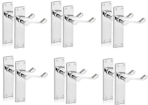 Epsom Door Handle Chrome Scroll Door Handle Set with Tubular Latches - Victorian Style Internal and External Lever Door Handles with Backplate 150mm x 42mm (6 Pair of Handles)