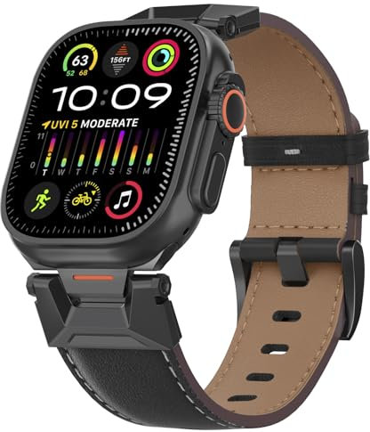Bouixel Correa de piel compatible con Apple Watch Ultra 3, 49 mm, 46 mm, 45 mm, 44 mm, 42 mm, correa de piel auténtica con conector de metal para iWatch Ultra 2/1 Series 11 10 9 8 7 6 5 4 3 SE