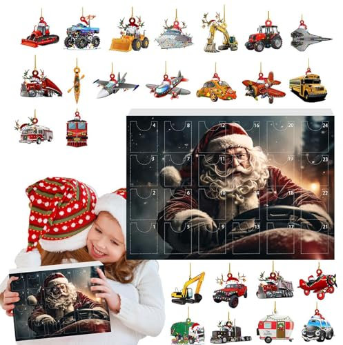Weihnachtsauto 2024, Countdown bis Weihnachten Verkehrsthema Acryl Anhänger, 24 Tage Verkehrsthema Acryl Anhänger Weihnachten Countdown Kalender für Party Supplies
