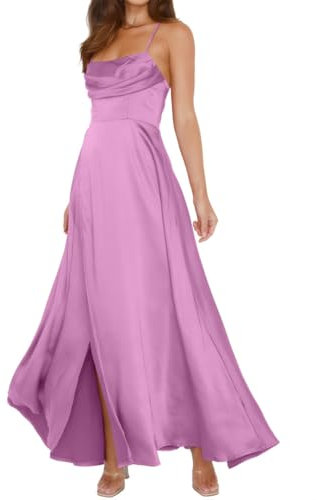 Vestido de dama de honor de satén, extralargo, con tirantes delgados, vestidos de invitada de boda, Lila, 38