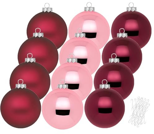 Inge Glas große Weihnachtskugeln mit Haken | Christbaumkugeln aus Glas | Set 12 Kugeln 8cm groß und 40 Aufhänger | Christbaumschmuck Weihnachtsbaumkugeln (Berry Kiss | weinrot Rose)