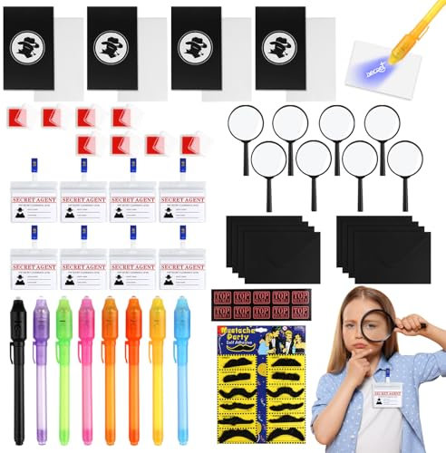 AILUYA 66 Stück Detektiv Set Kinder, Detektiv Kindergeburtstag Mitgebsel mit UV Stift, Notizbuch, Detektivausweis, Lupen, Stempelkissen, Kindergeburtstag Detektiv Rollenspiel für Jungen, Mädchen