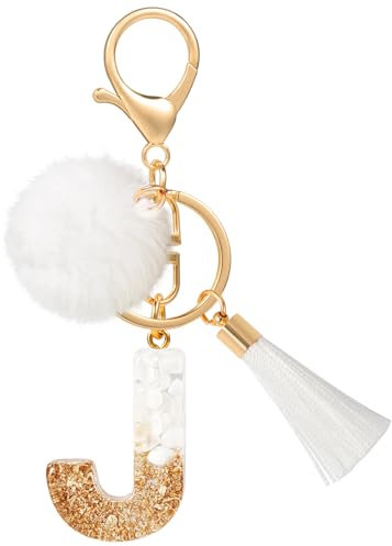 MWOOT Porte Clé Lettre J Peluche Tassel, Initial Résine Personnalisé Keychain Or Blanc, Porte Clef Lettre Pendentif Décoratif, Kawaii Porte Clef Voiture Charm, Idee Cadeau D'Anniversaire pour Femme