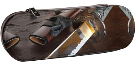 XLEWSIEU Japan Samurai Schwert Druck Leder Federmäppchen Stilvolle & Funktionale Stifteetui Kosmetiktasche Kleingeldbox, Schwarz , Einheitsgröße, Schulranzen-Set