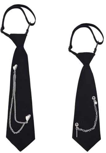 PLIGREAT 2 Stück schwarze Krawatten für Frauen Männer, verstellbare Krawatten mit Metallketten Punk Kette Krawatten für Uniform Shirt Schule Cosplay Abschlussball Zubehör