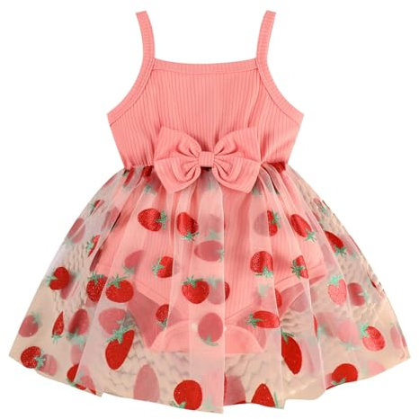Bailando Niña Infantil Sin Mangas Sling Fresa Estampado Pijama Falda De Red Vestido De Nudo Camiseta Con Niñas, Rosa., 12-18 meses