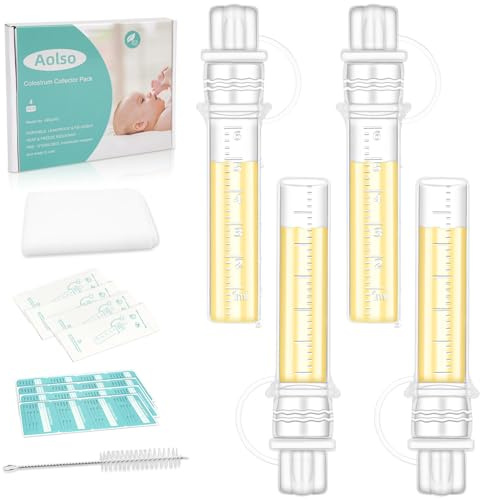 Aolso Kit de Recolección de Calostro, 4 Unidades Recogedor de Leche Reutilizable, 6ml Colector de Calostro de Silicona, Sin BPA, con paño de Algodón y Cepillo de Limpieza.