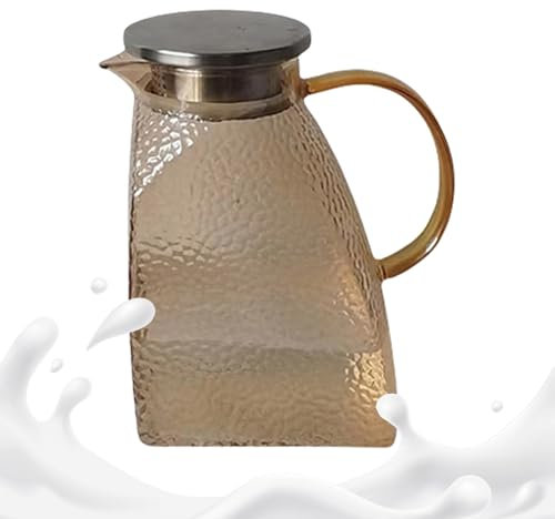 Glass Pitcher with Lid, Hammer Pattern Water Kettle, Splash Proof 1.5L Wide Mouth Jug for Hot Beverages, 5.12x3.54x7.8 Inches Cold Drinks, Juice, Milk, Travel, Kitchen, Party
