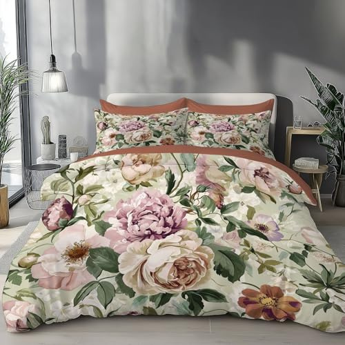 ZISTRCBAO Peony Rose Duvet Cover Sets, Vintage Floral Bedding Sets With Pillowcases Cases, 2 Pieces Easy Care Soft Cosy Duvet Cover Quilt Set (Pink, 135x200cm)