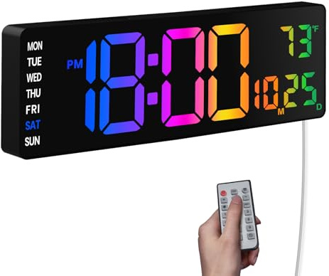 Digitale Wanduhr,15 Wanduhr Digital Große mit Fernbedienung,9 RGB-Farben,Auto-Dimming, Countdown, Temperaturanzeige, LED-Uhr für Wohnzimmer, Schlafzimmer, Weihnachten, Geschenk für Senioren
