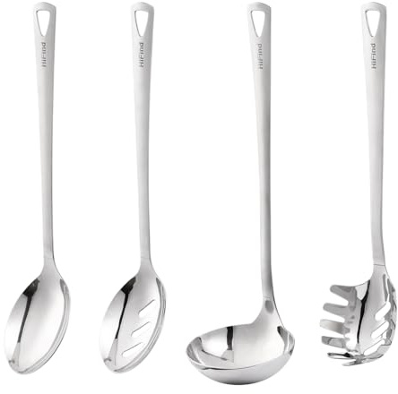 Cuisine 4 Pièces, Set de Ustensiles de Cuisine Durables pour la Cuisson, Set avec Cuillère de Service à Fentes, Fourchette à Spaghetti, Louche, Cuillère de Service Solide
